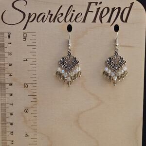 Antique silver olivine and clear glass crystal chandelier earrings